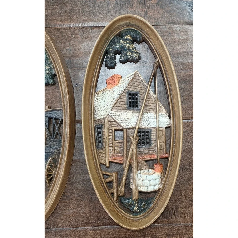 VTG 60s 3D Rustic Farmhouse Cottage Country Wall Art Plaques Set of 3 Oval Decor